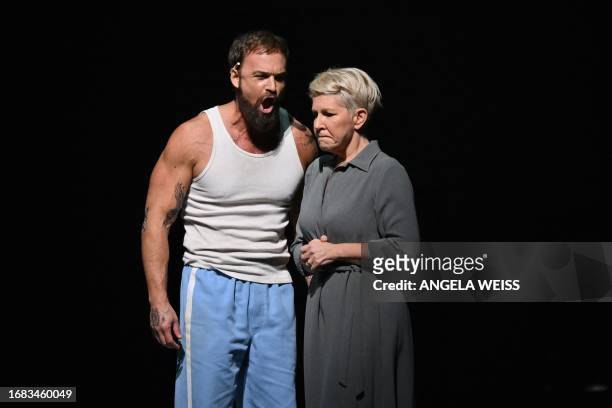 Opera singers Joyce DiDonato and Ryan McKinny perform during the dress rehearsal of "Dead Man Walking" at the Metropolitan Opera in New York on...
