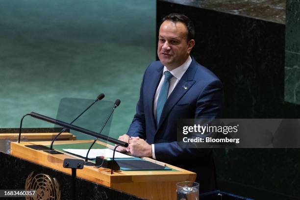 Leo Varadkar, Ireland's prime minister, speaks during the United Nations General Assembly in New York, US, on Friday, Sept. 22, 2023. Global leaders...
