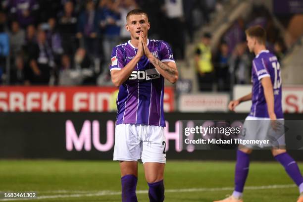 Michael Cuisance of Osnabrueck reacts during the Second Bundesliga match between VfL Osnabrück and Hamburger SV at Stadion an der Bremer Brücke on...