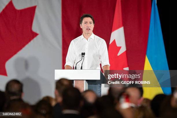 Canada's Prime Minister Justin Trudeau speaks during an event with the Ukrainian-Canadian community and Ukraine's President Volodymyr Zelensky in...