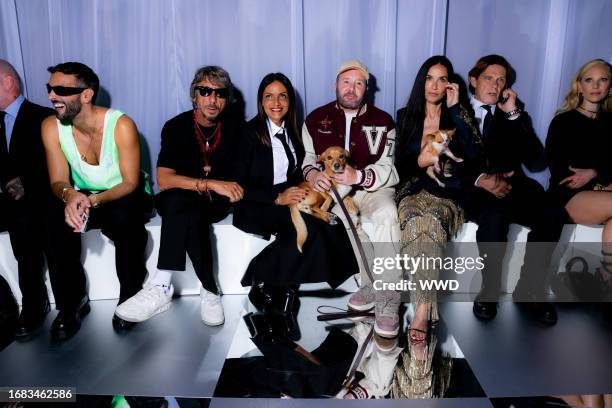 Marco Mengoni, Pierpaolo Piccioli, Simona Piccioli, Dog Miranda, Kim Jones and Demi Moore at the Versace Spring 2024 Ready To Wear Runway Show on...