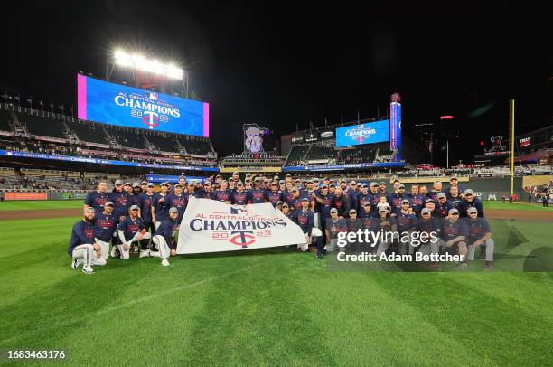 The Minnesota Twins pose on the field after the game against the Los Angeles Angels at Target Field on September 22, 2023 in Minneapolis, Minnesota....