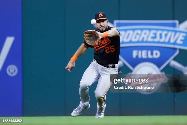 Anthony Santander of the Baltimore Orioles makes a catch to get out Jose Ramirez of the Cleveland Guardians during the sixth inning at Progressive...