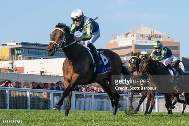 Uncle Bryn ridden by John Allen wins the Catanach's Jewellers MRC Foundation Cup at Caulfield Racecourse on September 23, 2023 in Caulfield,...