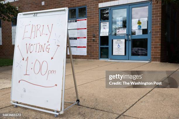 Sign designating a site for early voting is seen at the Mount Vernon Governmental Center in Alexandria, VA on September 22, 2023.