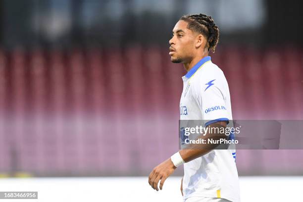 Anthony Oyono of Frosinone Calcio looks on during the Serie A match between US Salernitana and Frosinone Calcio at Stadio Arechi on September 22,...