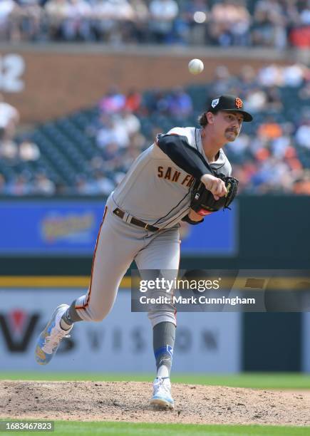 Sean Hjelle of the San Francisco Giants pitches during the game against the Detroit Tigers at Comerica Park on April 15, 2023 in Detroit, Michigan....