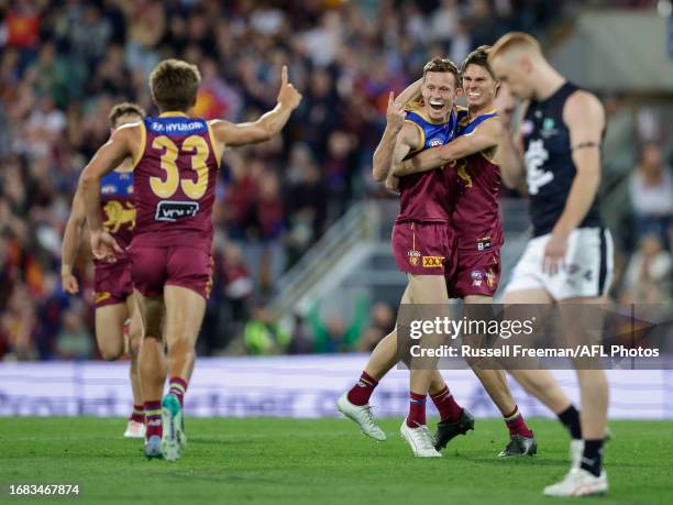 Ryan Lester of the Lions celebrates a goal during the 2023 AFL Second Preliminary Final match between the Brisbane Lions and the Carlton Blues at The...