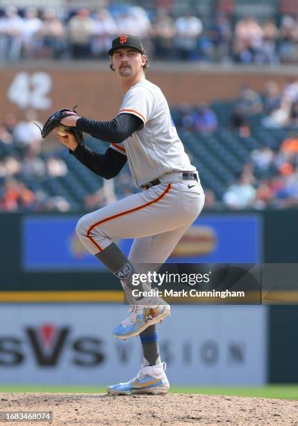 Sean Hjelle of the San Francisco Giants pitches during the game against the Detroit Tigers at Comerica Park on April 15, 2023 in Detroit, Michigan....