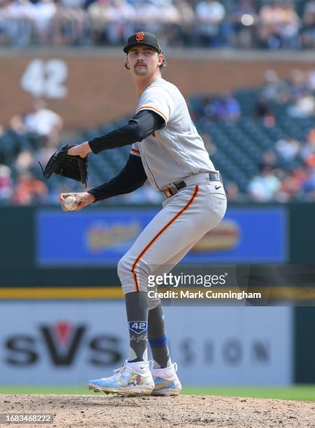 Sean Hjelle of the San Francisco Giants pitches during the game against the Detroit Tigers at Comerica Park on April 15, 2023 in Detroit, Michigan....