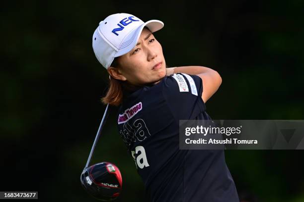 Erina Hara of Japan hits her tee shot on the 10th hole during the second round of 54th SUMITOMO LIFE Vitality Ladies Tokai Classic at Shin Minami...