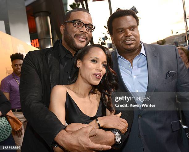 Producer Tyler Perry, actors Kerry Washington, and Craig Robinson arrive at the premiere of "Peeples" presented by Lionsgate Film and Tyler Perry at...