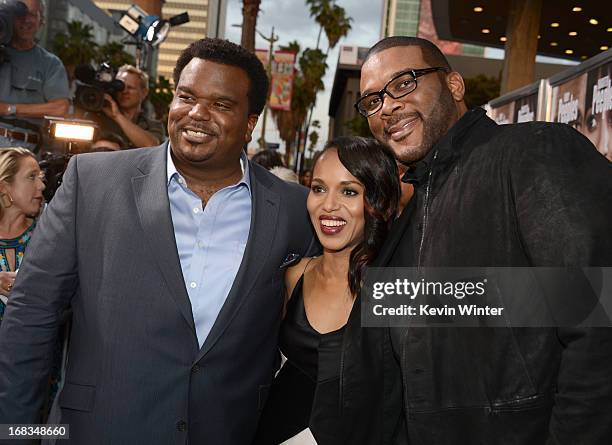 Actors Craig Robinson, Kerry Washington, and Producer Tyler Perry arrive at the premiere of "Peeples" presented by Lionsgate Film and Tyler Perry at...