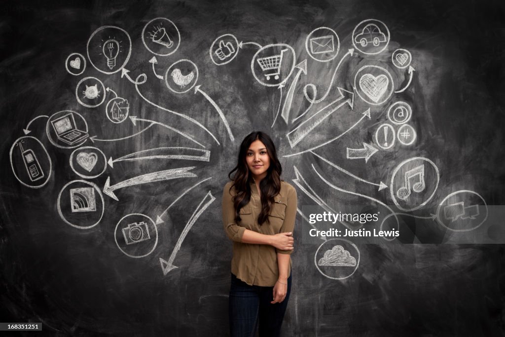 Girl standing with social media icon chalkboard