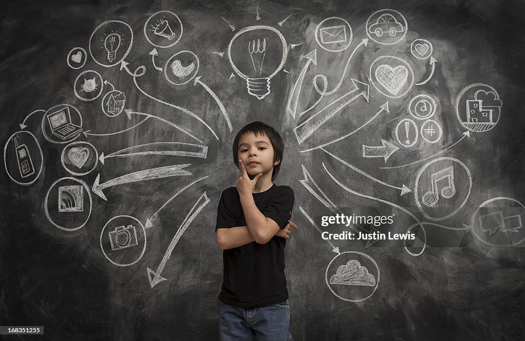 Kid boy stands with social media icon chalkboard