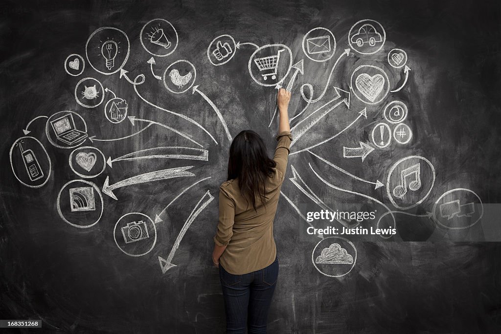 Girl drawing social meida icons on chalkboard