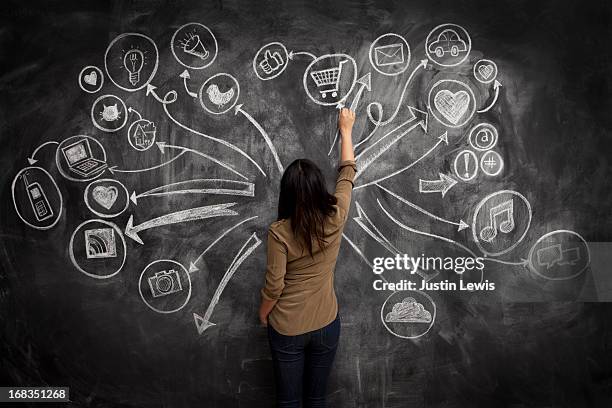 girl drawing social meida icons on chalkboard - blackboard women stock pictures, royalty-free photos & images