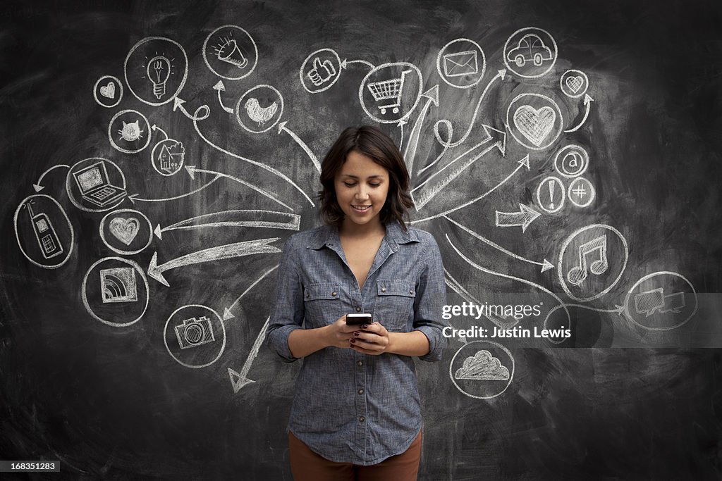 Girl on phone with social media chalkboard