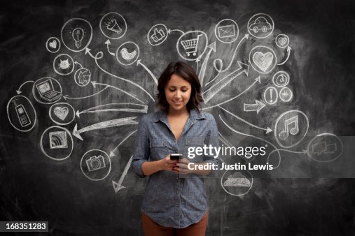Girl on phone with social media chalkboard Girl on phone with social media chalkboard
