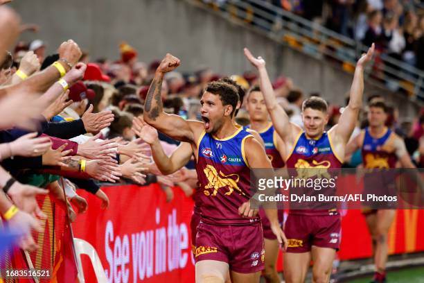 Callum Ah Chee of the Lions celebrates during the 2023 AFL Second Preliminary Final match between the Brisbane Lions and the Carlton Blues at The...