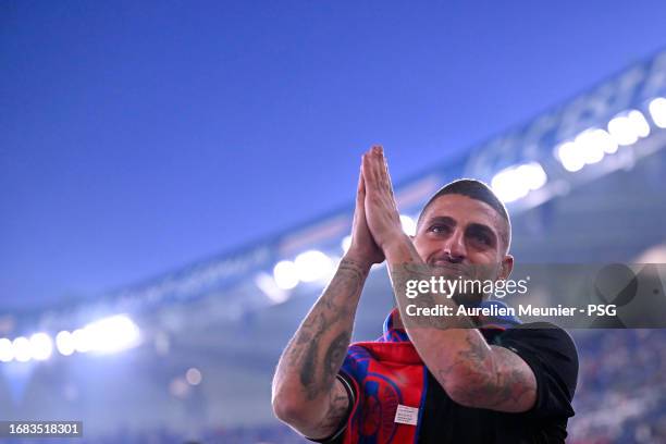 Marco Verratti reacts during his farewell ceremony before the Ligue 1 Uber Eats match between Paris Saint-Germain and OGC Nice at Parc des Princes on...