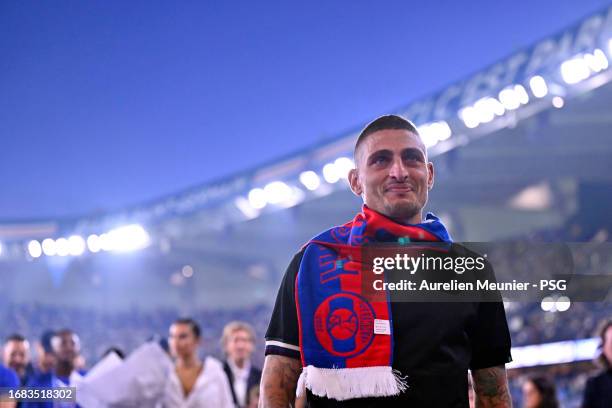 Marco Verratti reacts during his farewell ceremony before the Ligue 1 Uber Eats match between Paris Saint-Germain and OGC Nice at Parc des Princes on...