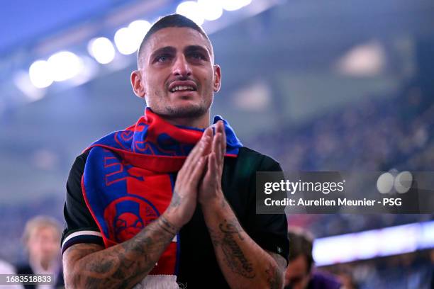 Marco Verratti reacts during his farewell ceremony before the Ligue 1 Uber Eats match between Paris Saint-Germain and OGC Nice at Parc des Princes on...