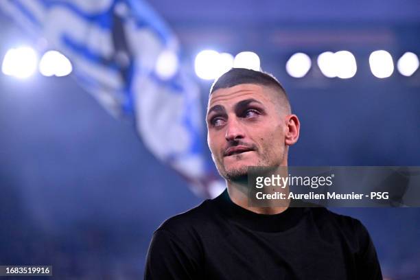 Marco Verratti reacts during his farewell ceremony before the Ligue 1 Uber Eats match between Paris Saint-Germain and OGC Nice at Parc des Princes on...