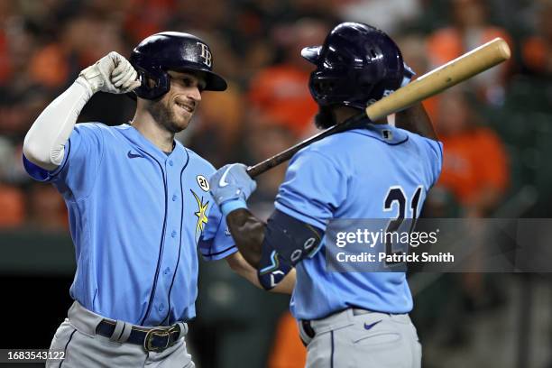 Josh Lowe of the Tampa Bay Rays celebrates with teammate Manuel Margot after hitting a home run against the Baltimore Orioles during the fourth...