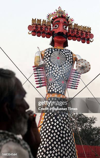 Effigy of Ravana, ready to be burnt on the occasion of Dussehra in the Shri Dharmic Leela Committee ground near Red Fort on 16 October in New Delhi,...