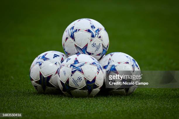 The official Adidas 'Finale 23' Champions League match balls are seen prior to the UEFA Champions League football match between AC Milan and...