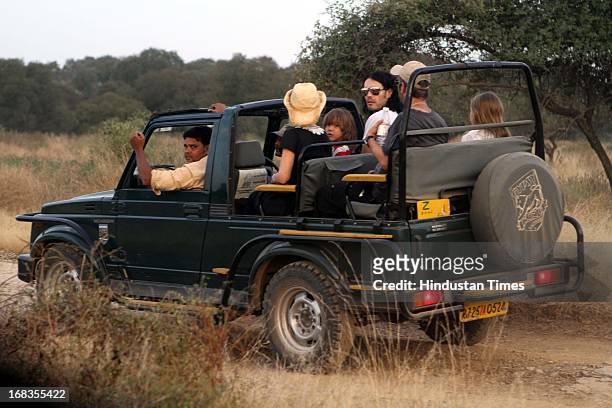 Hollywood actor Russell Brand with his family and friends during safari at Ranthambore national park on October 22, 2010 in Ranthambore, India.