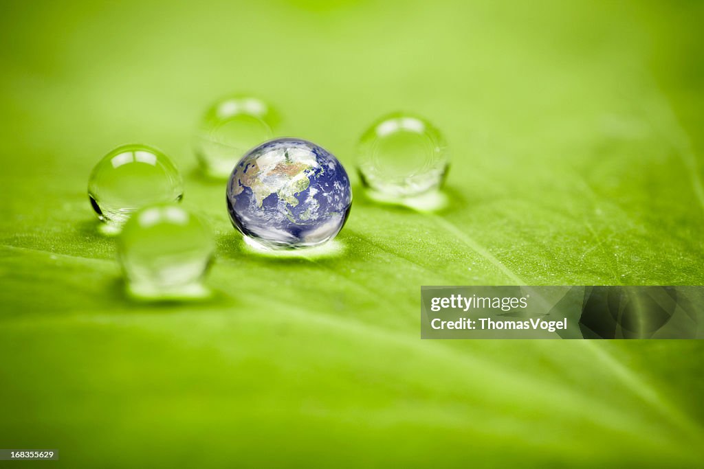 Planet earth waterdrop leaf. Asia Water Green Drop Globe Environment