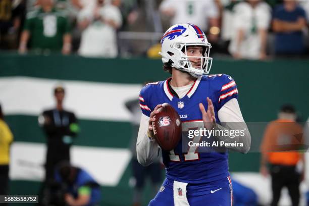 Quarterback Josh Allen of the Buffalo Bills passes the ball in the game between the Buffalo Bills vs the New York Jets on Monday Night Football at...