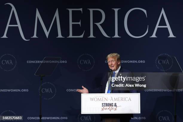 Former U.S. President Donald Trump addresses the Concerned Women for America Legislative Action Committee on September 15, 2023 in Washington, DC....