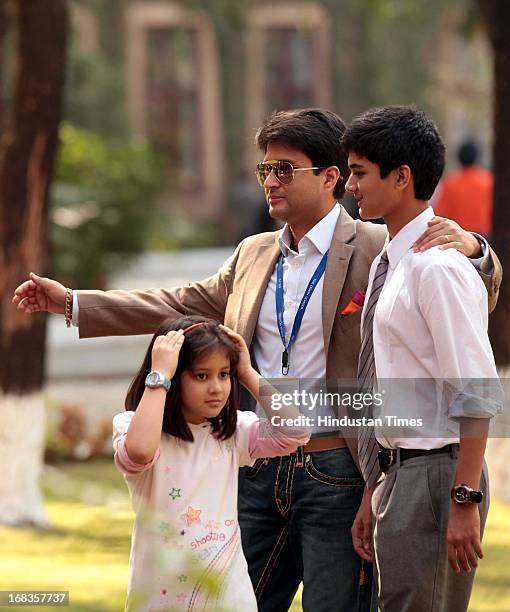 Cabinet Minister Jyotiraditya Scindia with his wife, daughter and his son Aryaman Scindia having a fun moment at Doon Schools 75 years celebration at...