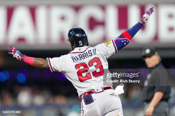 Michael Harris II of the Atlanta Braves rounds the bases after hitting a home run against the Miami Marlins during the third inning at loanDepot park...