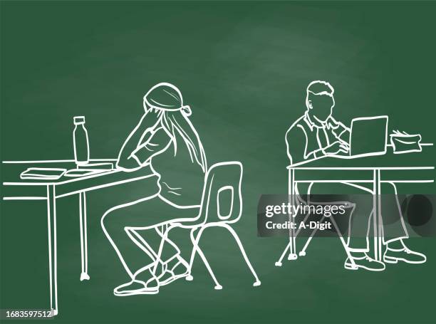 backtobackstudentsatwork - long table stock illustrations
