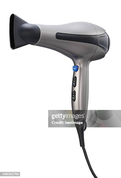 silver hair dryer isolated on white background - haardroger stockfoto's en -beelden