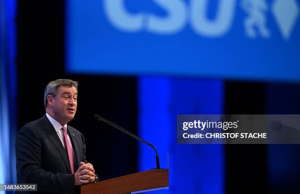 Bavaria's State Premier Markus Soeder, leader of the conservative Christian Social Union party, speaks during the CSU party congress in Munich,...