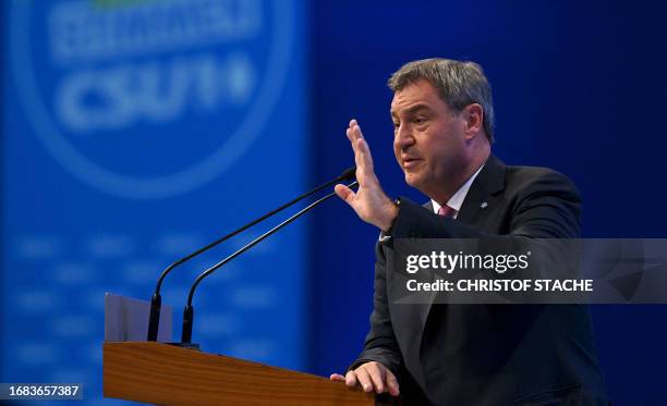 Bavaria's State Premier Markus Soeder, leader of the conservative Christian Social Union party, speaks during the CSU party congress in Munich,...