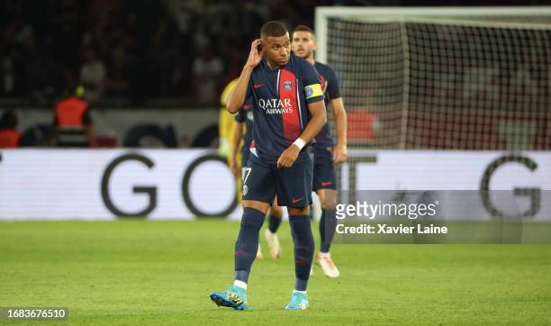 Captain, Kylian Mbappe of Paris Saint-Germain is dissapointed after the defeat during the Ligue 1 Uber Eats match between Paris Saint-Germain and OGC...