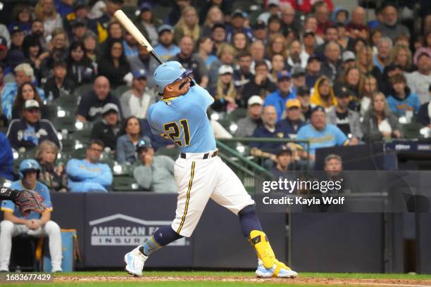 William Contreras of the Milwaukee Brewers hits a three-run home run against the Washington Nationals during the fifth inning at American Family...