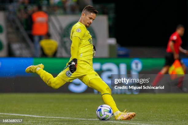 Tadeu goalkeeper of Goias kicks the ball during a match between Palmeiras and Goias as part of Brasileirao 2023 at Allianz Parque on September 15,...