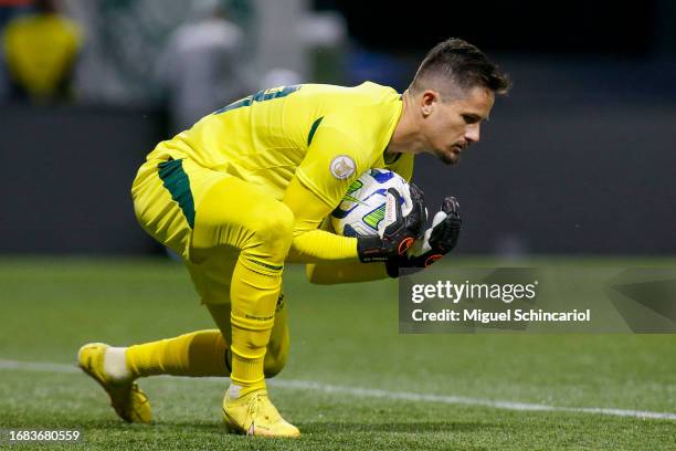 Tadeu goalkeeper of Goias saves the ball during a match between Palmeiras and Goias as part of Brasileirao 2023 at Allianz Parque on September 15,...