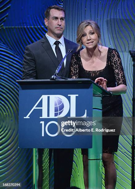 Actors Rob Riggle and Sarah Chalke attend the Anti-Defamation League's Centennial Entertainment Industry Award Dinner at The Beverly Hilton Hotel on...