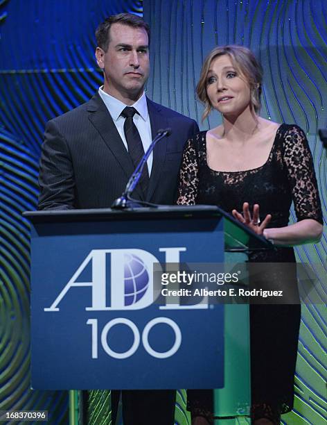 Actors Rob Riggle and Sarah Chalke attend the Anti-Defamation League's Centennial Entertainment Industry Award Dinner at The Beverly Hilton Hotel on...