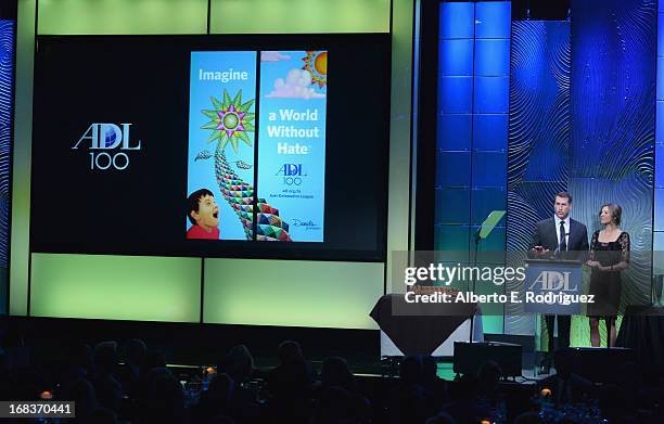 Actors Rob Riggle and Sarah Chalke attend the Anti-Defamation League's Centennial Entertainment Industry Award Dinner at The Beverly Hilton Hotel on...