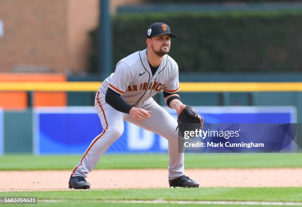 Davis of the San Francisco Giants fields during the game against the Detroit Tigers at Comerica Park on April 15, 2023 in Detroit, Michigan. All...