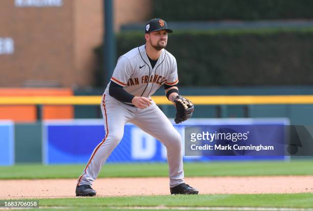 Davis of the San Francisco Giants fields during the game against the Detroit Tigers at Comerica Park on April 15, 2023 in Detroit, Michigan. All...